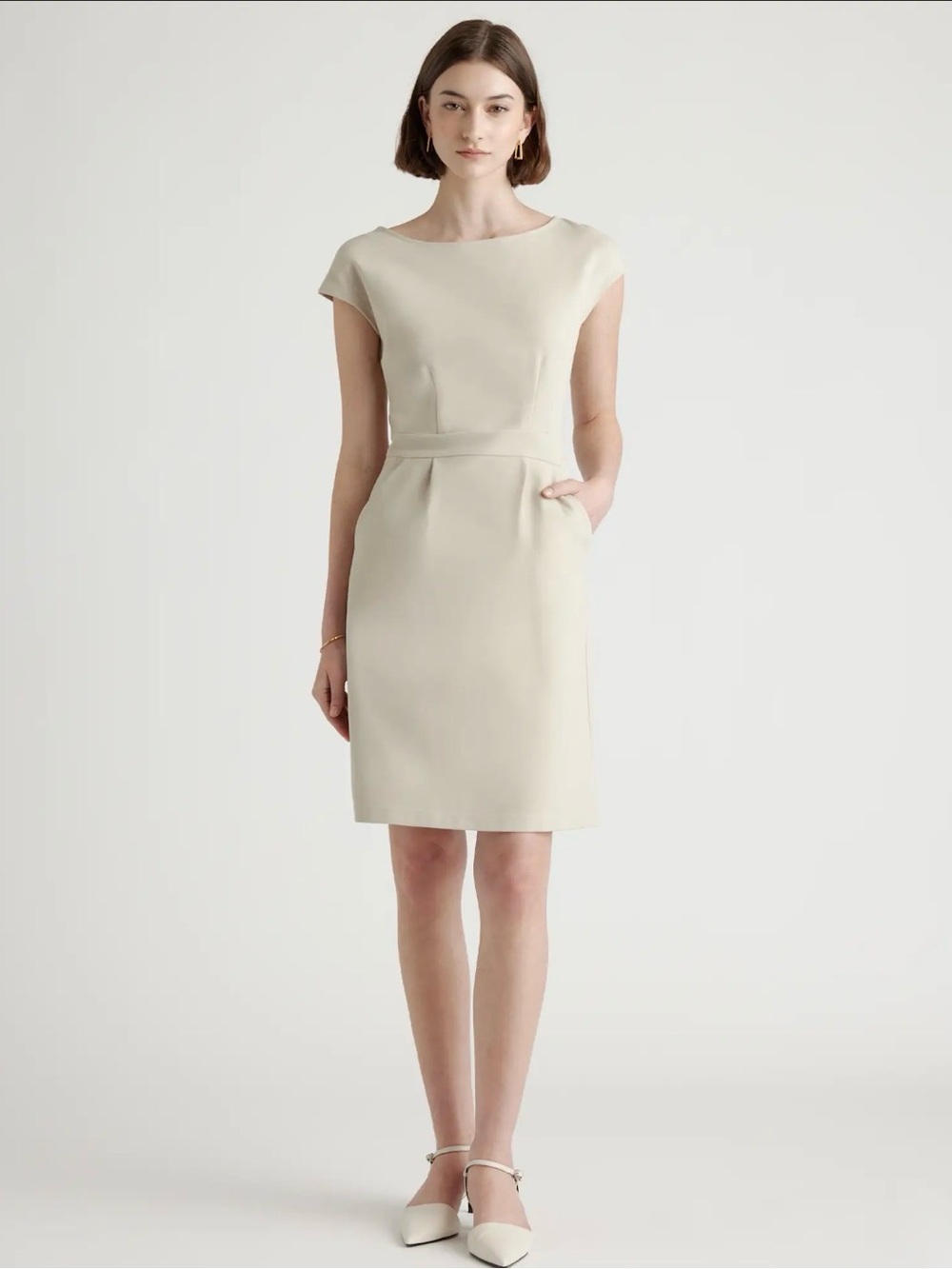 Quince Cream Boatneck Cap-Sleeve Midi Dress